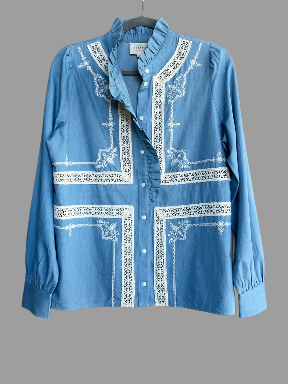 SEZANE Blue Ecru Lace Embroidered High Collar Button Down Chambray Ulysse Shirt - Picture 3 of 16